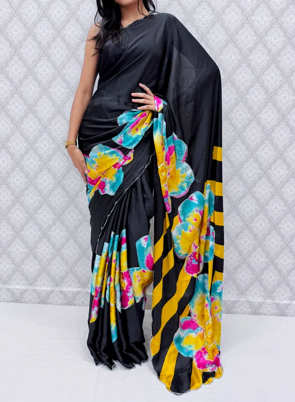 Yellow_Satin_Silk_Floral_Sarees_For_Women
