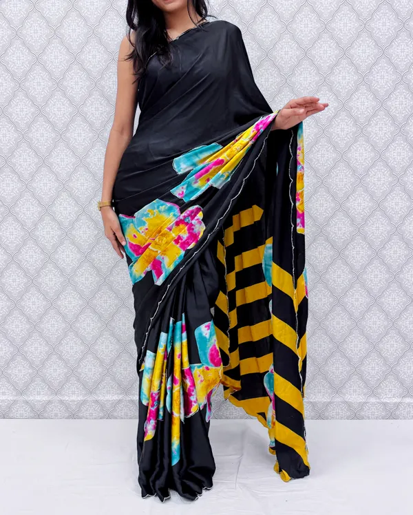 Yellow_Satin_Silk_Floral_Sarees_For_Women