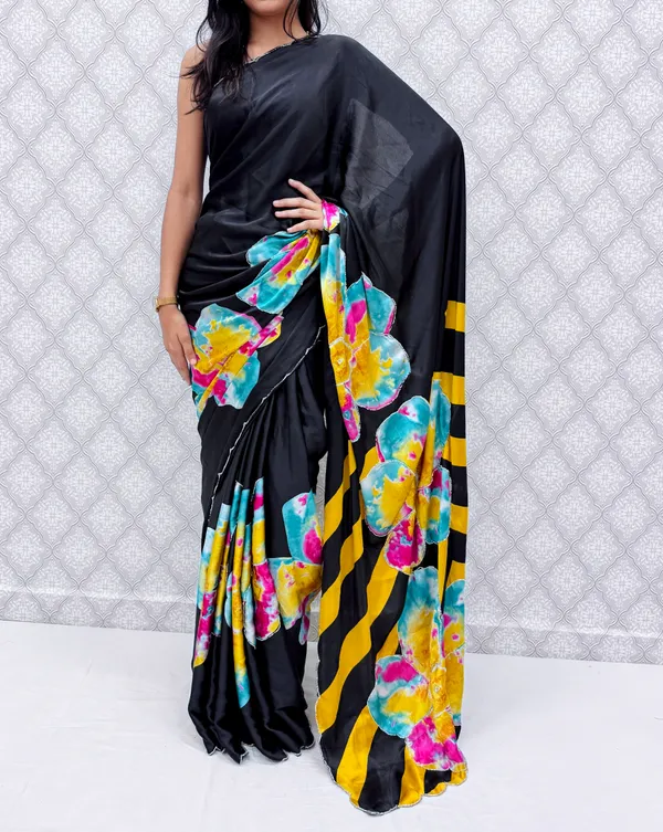 Yellow_Satin_Silk_Floral_Sarees_For_Women
