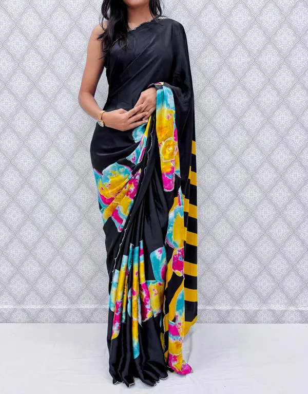 Yellow_Satin_Silk_Floral_Sarees_For_Women