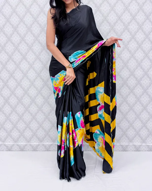 Yellow_Satin_Silk_Floral_Sarees_For_Women