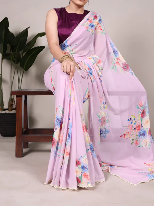 Pink_Georgett_Elegant_Pastel_Floral_Printed_Saree_With_Pearl_Border_For_Women