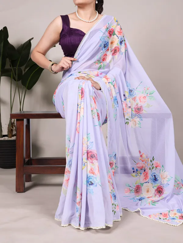 Puple_Georgett_Elegant_Pastel_Floral_Printed_Saree_With_Pearl_Border_For_Women