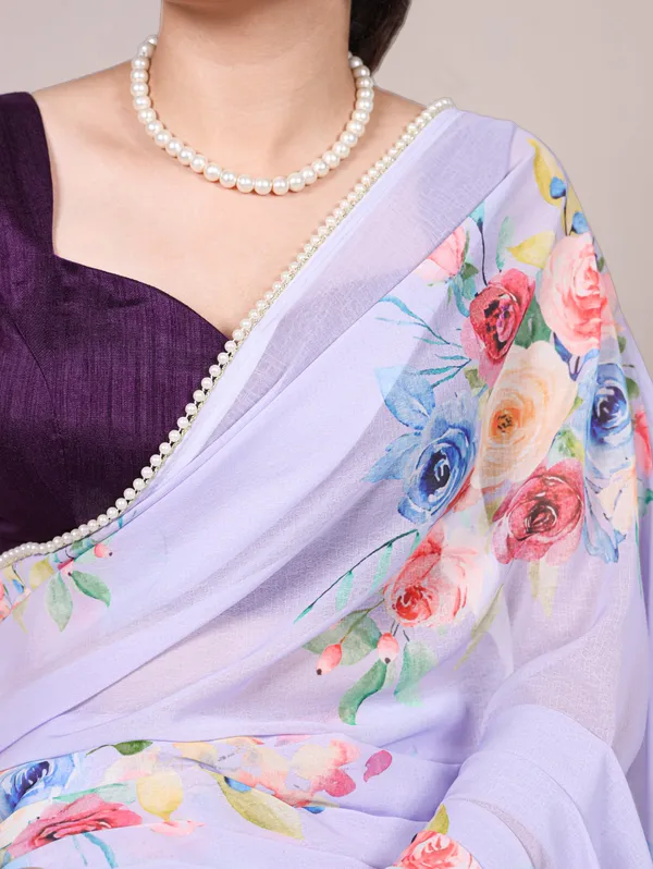 Puple_Georgett_Elegant_Pastel_Floral_Printed_Saree_With_Pearl_Border_For_Women