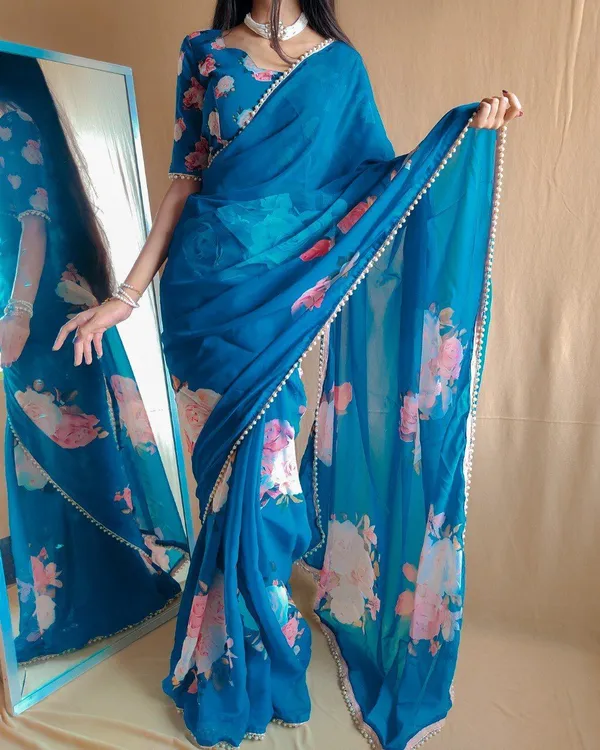 More_Peach_Floral_Print_Bollywood_Georgette_Saree_For_Women