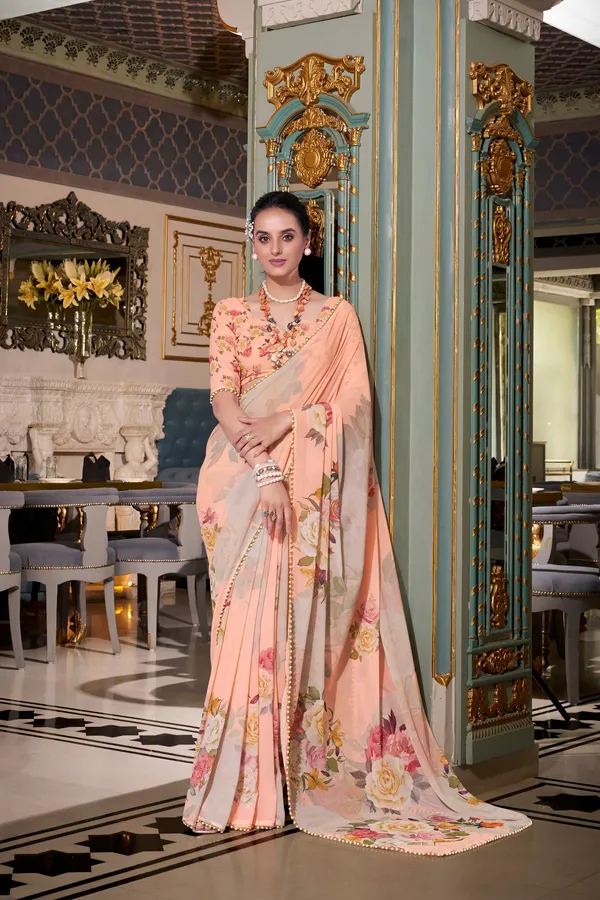 Peach_Floral_Print_Bollywood_Georgette_Saree_For_Women