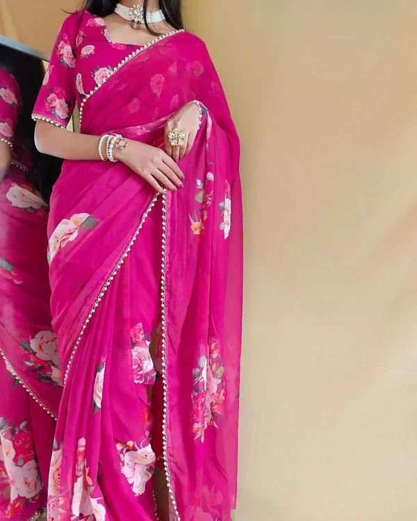 Hot_Pink_Floral_Print_Bollywood_Georgette_Saree_For_Women