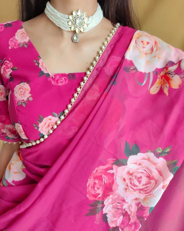 Hot_Pink_Floral_Print_Bollywood_Georgette_Saree_For_Women