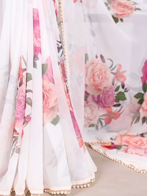 White_Georgett_Elegant_Pastel_Floral_Printed_Saree_With_Pearl_Border_For_Women