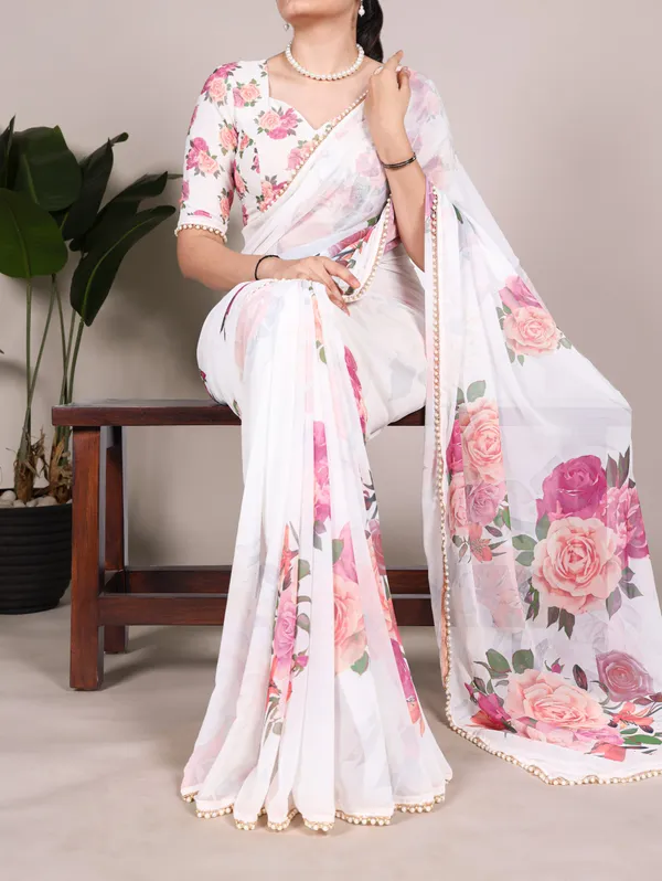 White_Georgett_Elegant_Pastel_Floral_Printed_Saree_With_Pearl_Border_For_Women