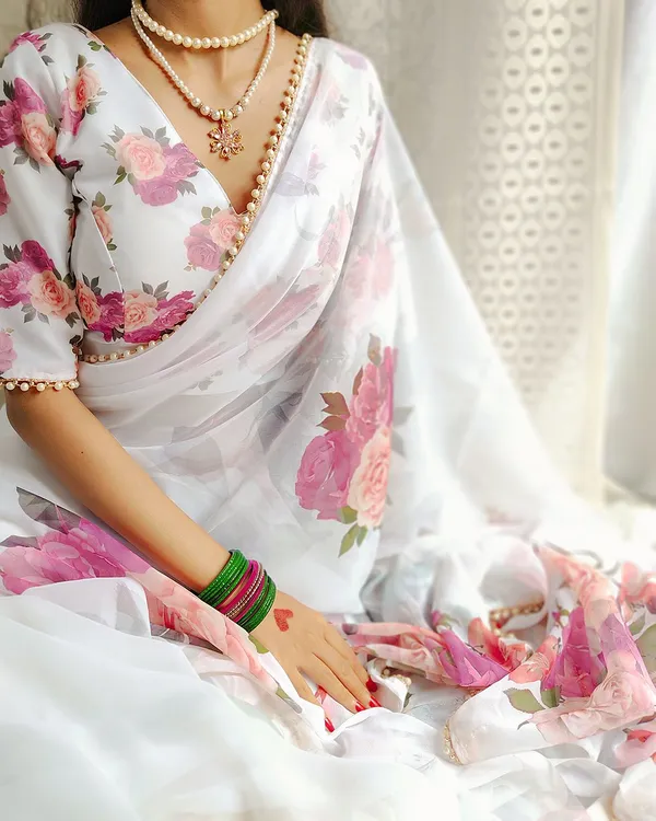 White_Georgett_Elegant_Pastel_Floral_Printed_Saree_With_Pearl_Border_For_Women