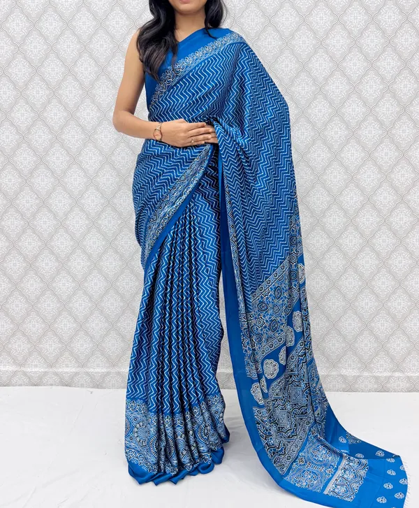Blue_Satin_Silk_Classic_Chevron_Prints_Saree_For_Women