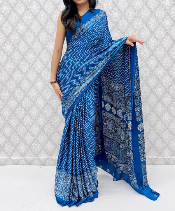 Blue_Satin_Silk_Classic_Chevron_Prints_Saree_For_Women