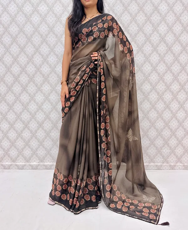 Designer_Floral_Border_Georgette_Sarees_�_Party_Wear_Collection_-_Brown