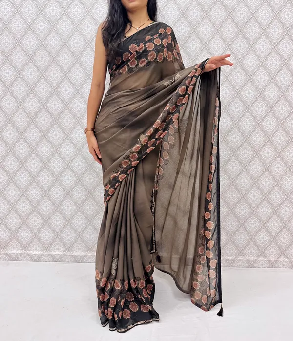 Designer_Floral_Border_Georgette_Sarees_�_Party_Wear_Collection_-_Brown