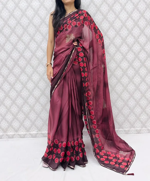 Designer_Floral_Border_Georgette_Sarees_�_Party_Wear_Collection_-_Wine