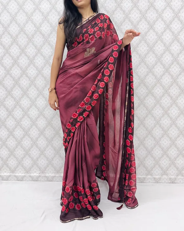 Designer_Floral_Border_Georgette_Sarees_�_Party_Wear_Collection_-_Wine