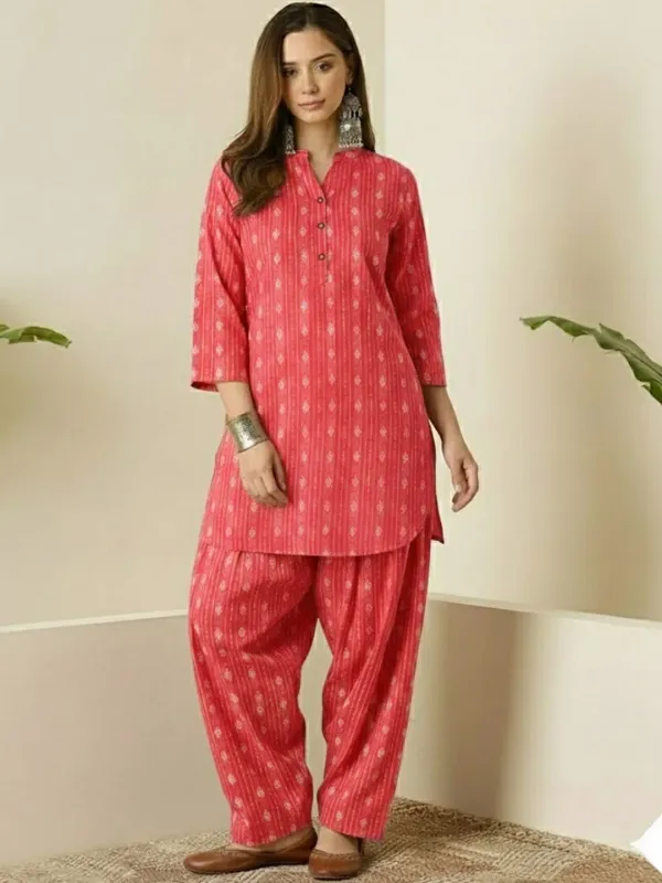 Coral_Pink_Printed_Cotton_Kurta_Pant_Set