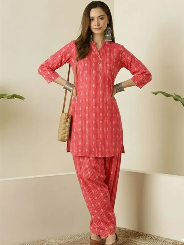 Coral_Pink_Printed_Cotton_Kurta_Pant_Set