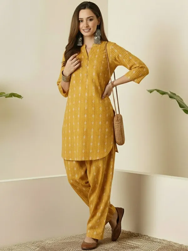 Mustard_Yellow_Printed_Cotton_Kurta_Pant_Set