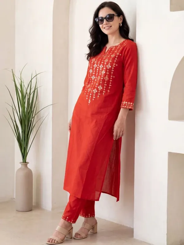 Orange_Embroidered_Straight_Kurta_Pant_Set_For_Women