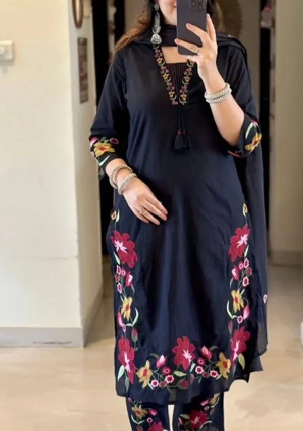 Premium_Black_Floral_Kurti_Pant_Dupatta_Set