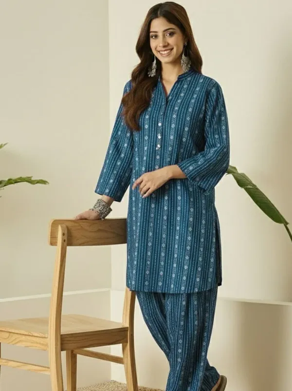 Teal_Blue_Printed_Cotton_Kurta_Pant_Set