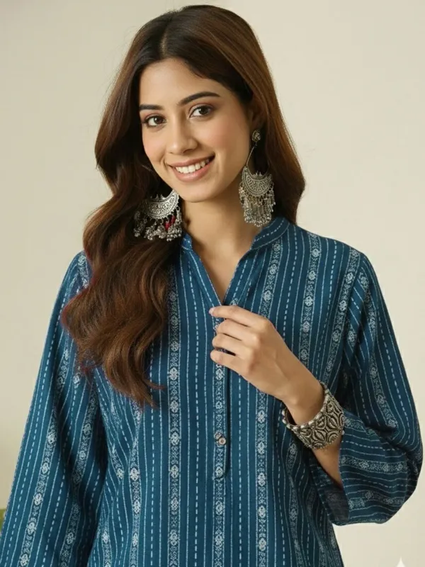 Teal_Blue_Printed_Cotton_Kurta_Pant_Set