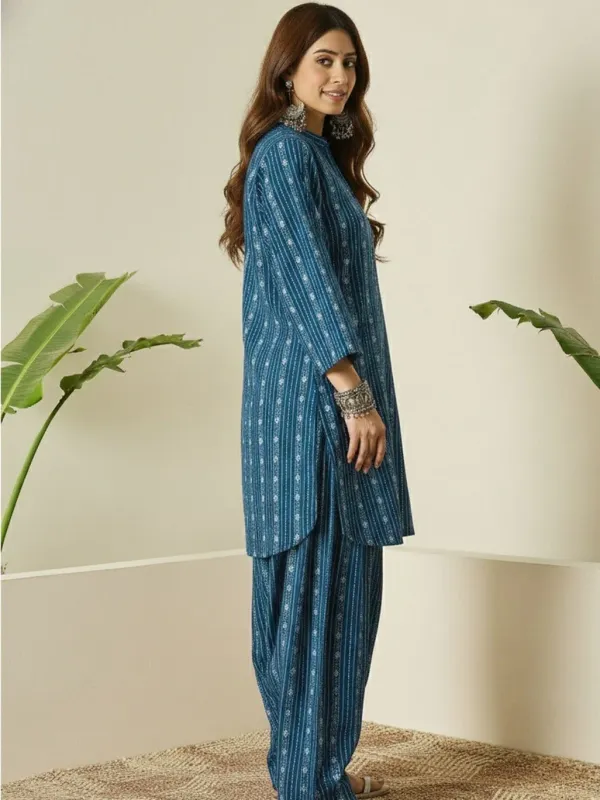 Teal_Blue_Printed_Cotton_Kurta_Pant_Set