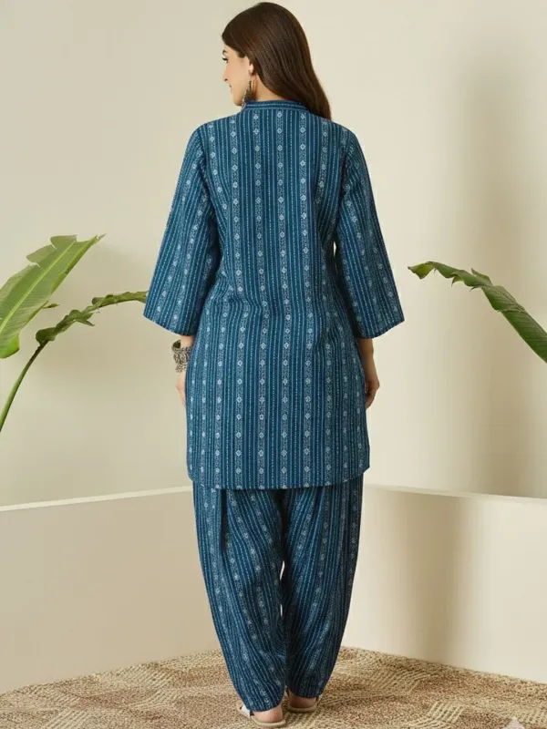 Teal_Blue_Printed_Cotton_Kurta_Pant_Set