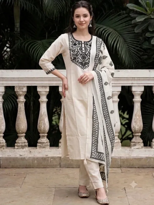 White_Black_Embroidered_Kurta_Pant_Dupatta_Set_For_Women