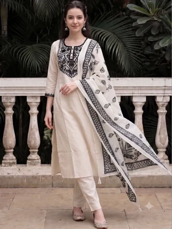 White_Black_Embroidered_Kurta_Pant_Dupatta_Set_For_Women