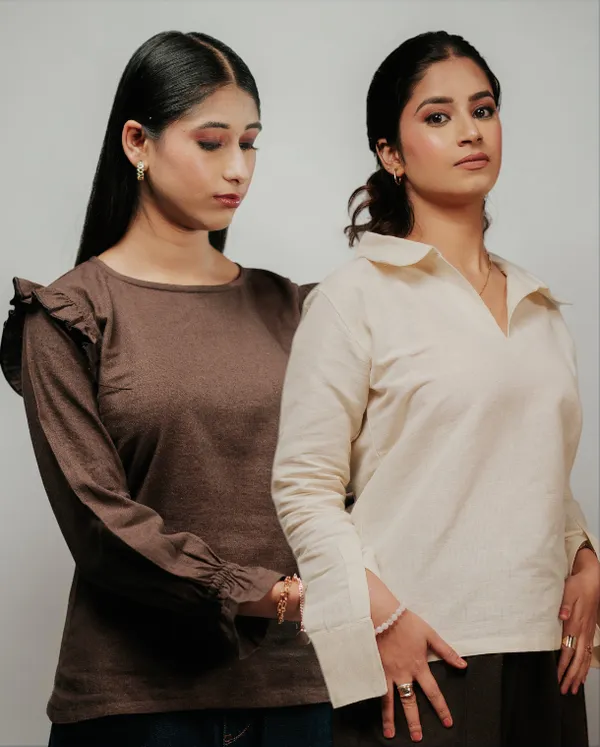 Cream_Collared_Polo_Top_And_Brown_Ruffle_Sleeve_Top_For_Women_Combo_Pack_Of_2