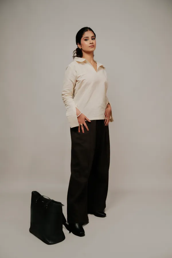 Cream_Collared_Polo_Top_And_Brown_Ruffle_Sleeve_Top_For_Women_Combo_Pack_Of_2