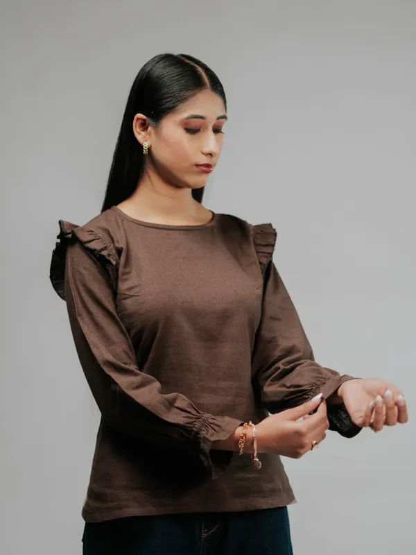 Cream_Collared_Polo_Top_And_Brown_Ruffle_Sleeve_Top_For_Women_Combo_Pack_Of_2