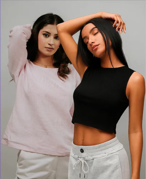 Pink_Puff_Sleeve_Sweatshirt_And_Blacm_Ribbed_Crop_Top_For_Women_Pack_Of_2