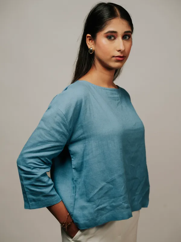 Sky_Blue_Linen_Boat_Neck_Full_Sleeve_Top_For_Women