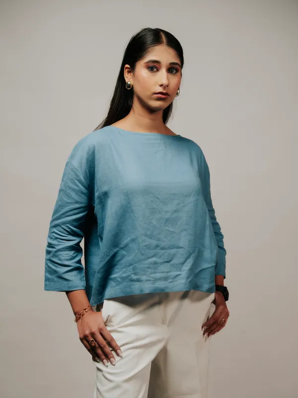 Sky_Blue_Linen_Boat_Neck_Full_Sleeve_Top_For_Women