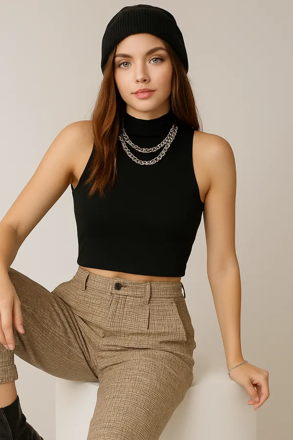Black_Ribbed_Crop_Top_And_Beige_Checked_Trouser_For_Women_Combo_Pack_Of_2