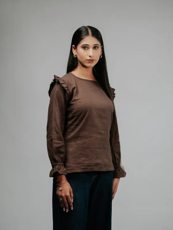 Cream_Collared_Polo_Top_And_Brown_Ruffle_Sleeve_Top_For_Women_Combo_Pack_Of_2