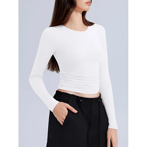 Women_Long_Sleeve_Ruched_Waist_Crop_Top