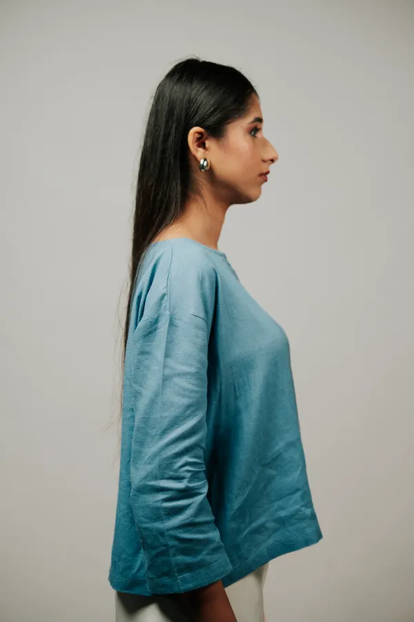 Sky_Blue_Linen_Boat_Neck_Full_Sleeve_Top_For_Women