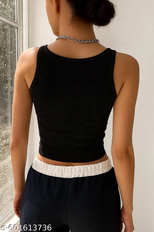 Black_Ribbed_Crop_Top_And_Beige_Checked_Trouser_For_Women_Combo_Pack_Of_2
