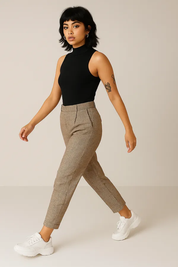 Black_Ribbed_Crop_Top_And_Beige_Checked_Trouser_For_Women_Combo_Pack_Of_2