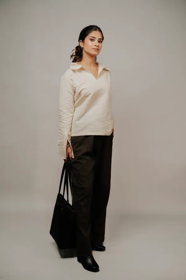 Cream_Collared_Polo_Top_And_Brown_Ruffle_Sleeve_Top_For_Women_Combo_Pack_Of_2