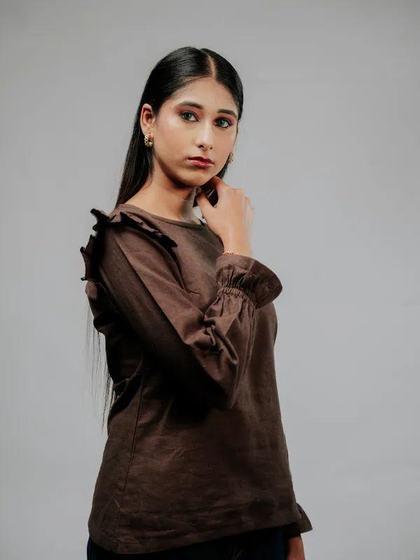 Brown_Ruffle_Sleeve_Top_For_Women