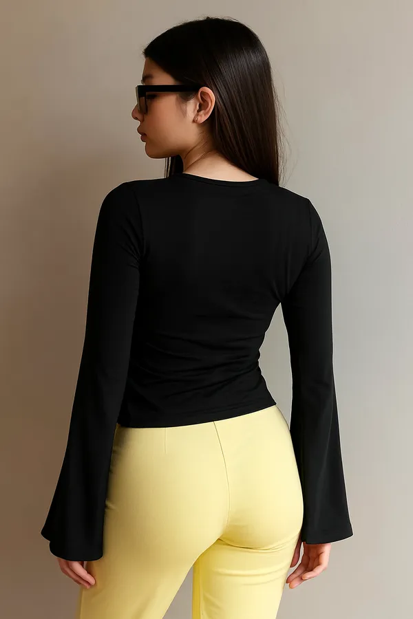 Women_Bell_Sleeve_Top__Black_Long_Sleeve_Fitted_Top