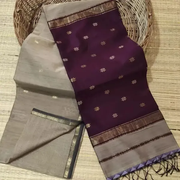 Brown_And_Powder_Grey_Maheshwari_1_Inch_Border_Saree