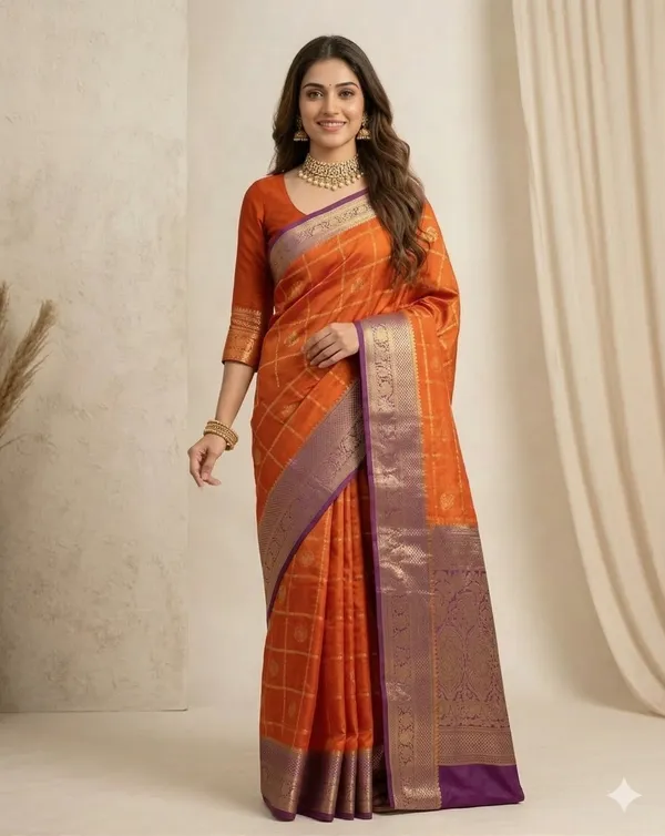 Trending_Rust_Orange_Semi_Crepe_Saree_With_Mejenta_Colour_Border