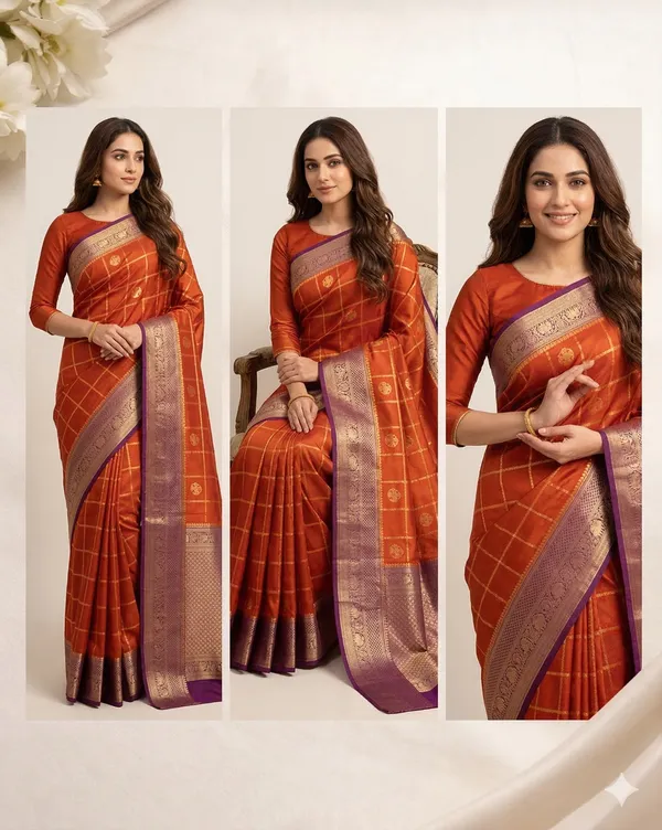 Trending_Rust_Orange_Semi_Crepe_Saree_With_Mejenta_Colour_Border